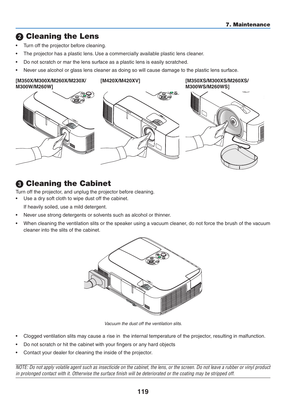 2) cleaning the lens, 3) cleaning the cabinet, Cleaning the lens  cleaning the cabinet | Cleaning the lens, Cleaning the cabinet | NEC M350X User Manual | Page 129 / 155