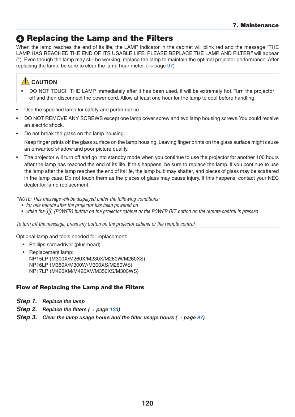 4) replacing the lamp and the filters, Replacing the lamp and the filters | NEC M350X User Manual | Page 130 / 155