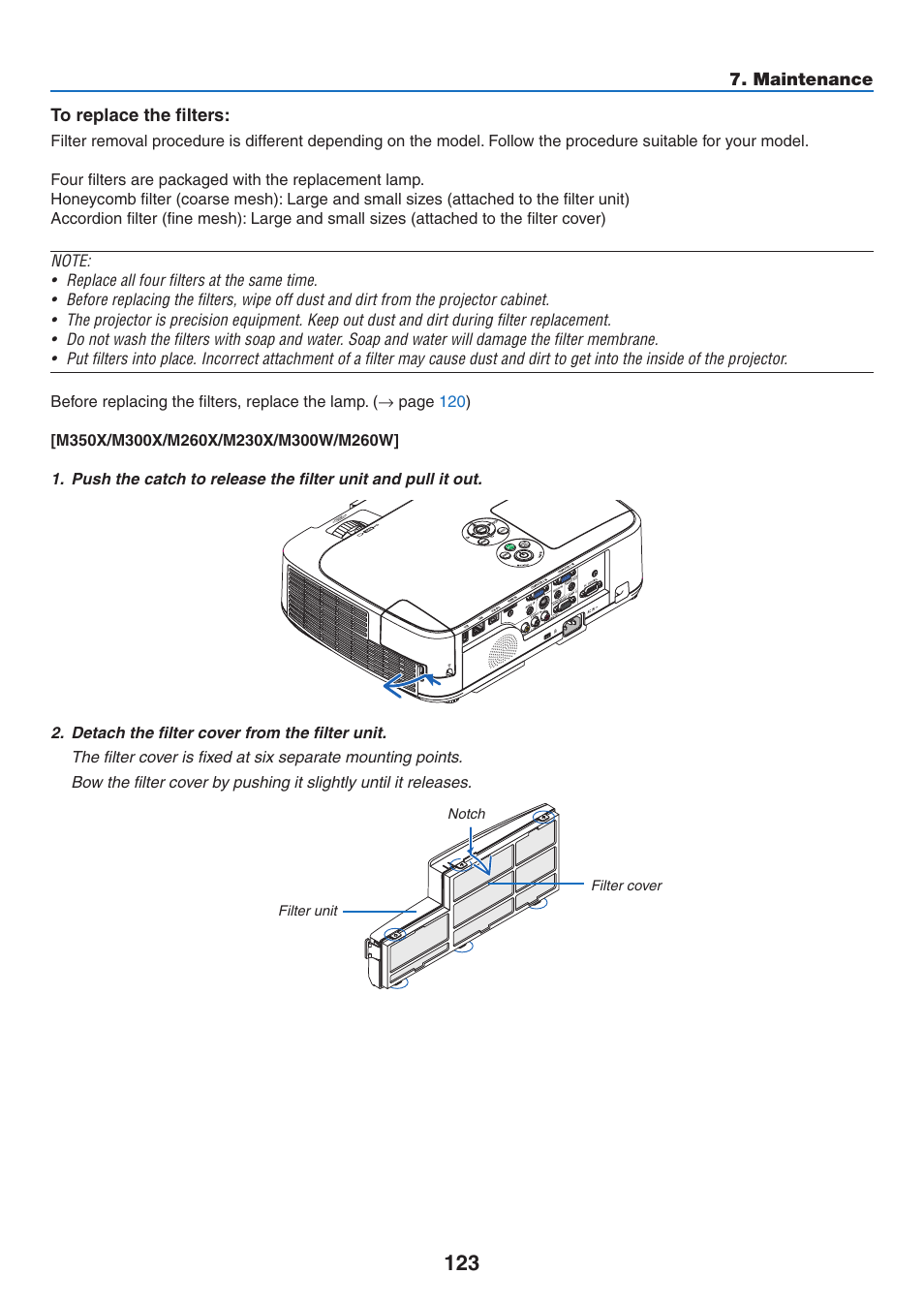 Maintenance to replace the filters | NEC M350X User Manual | Page 133 / 155