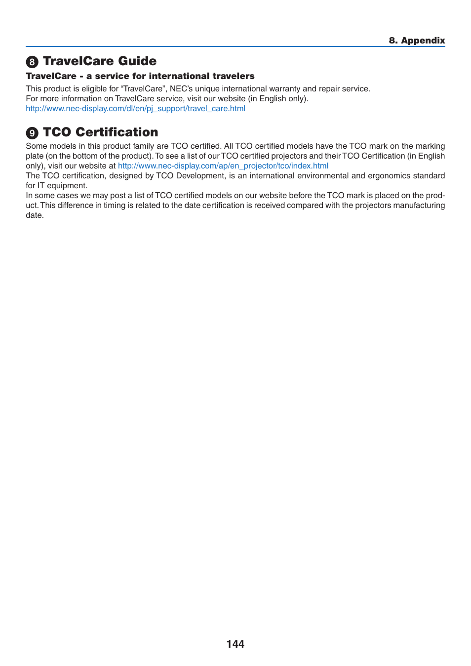 8) travelcare guide, 9) tco certification, Travelcare guide  tco certification | Travelcare guide, Tco certification | NEC M350X User Manual | Page 154 / 155