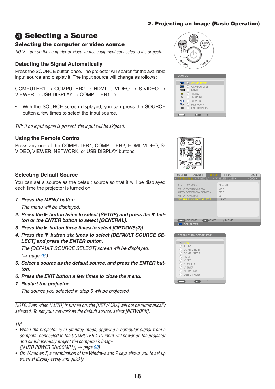 4) selecting a source, Selecting the computer or video source, Selecting a source | NEC M350X User Manual | Page 28 / 155