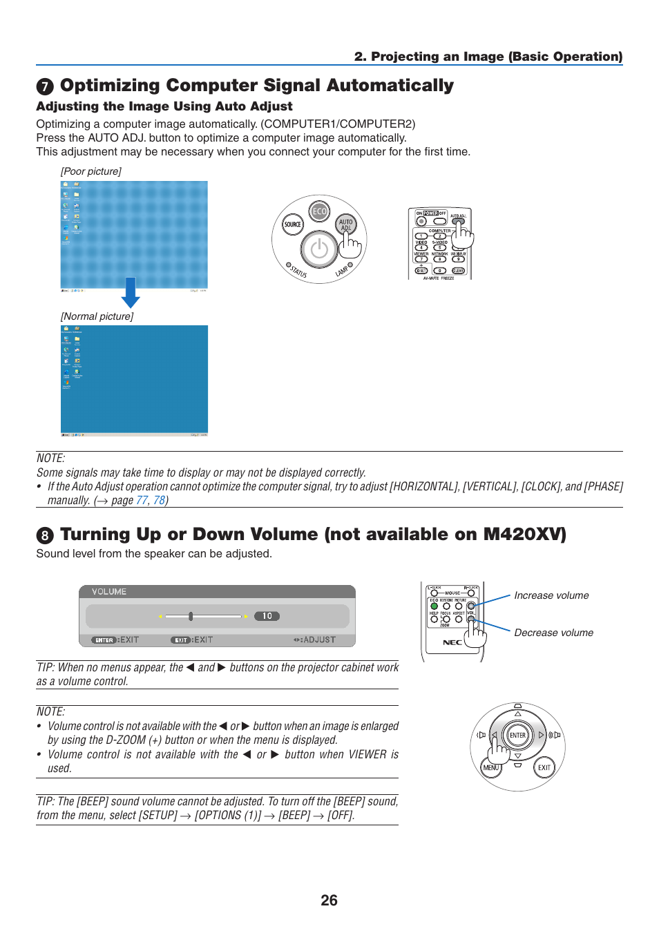 7) optimizing computer signal automatically, Adjusting the image using auto adjust, Optimizing computer signal automatically | NEC M350X User Manual | Page 36 / 155