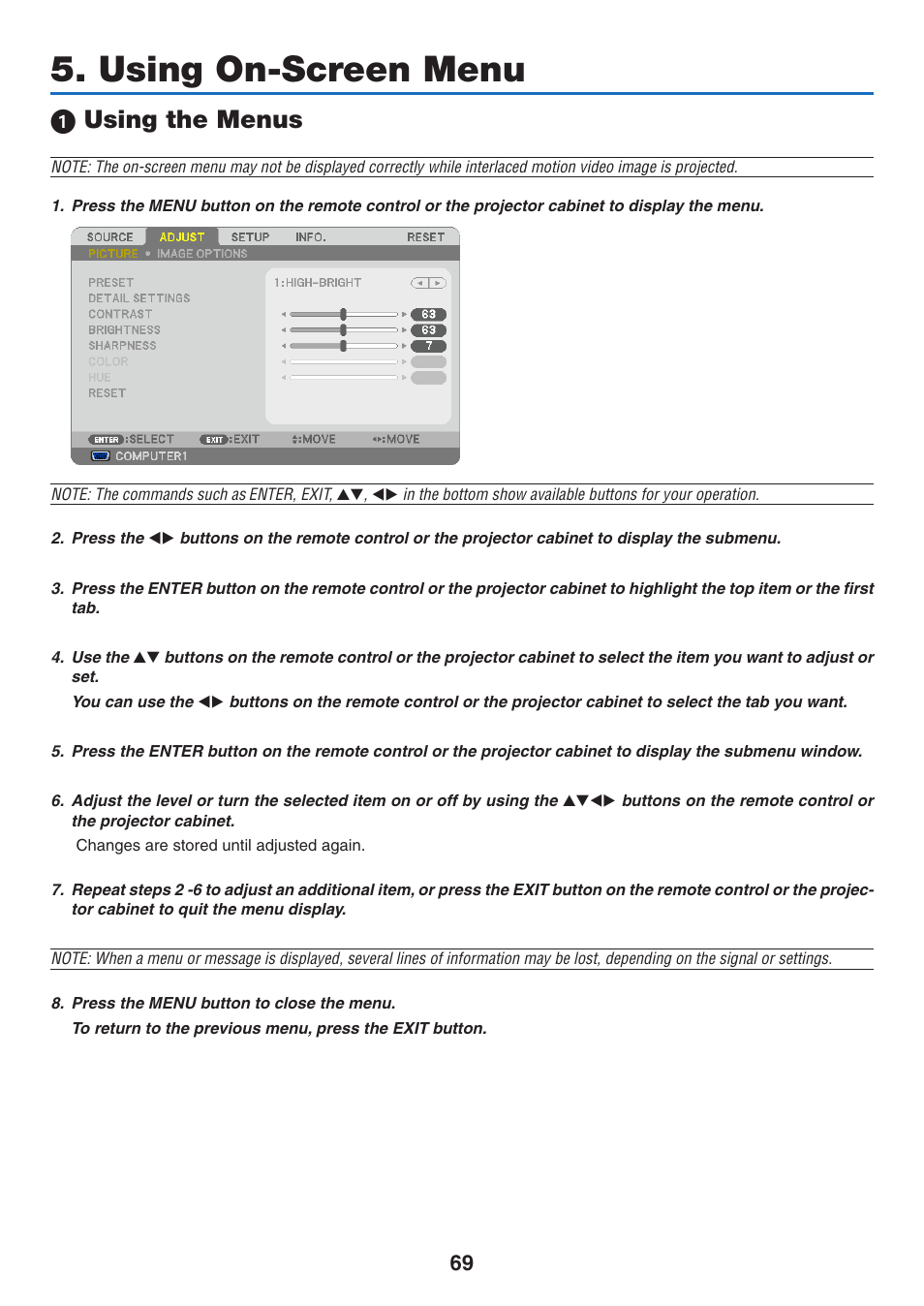 Using on-screen menu, 1) using the menus, 1 using the menus | NEC M350X User Manual | Page 79 / 155