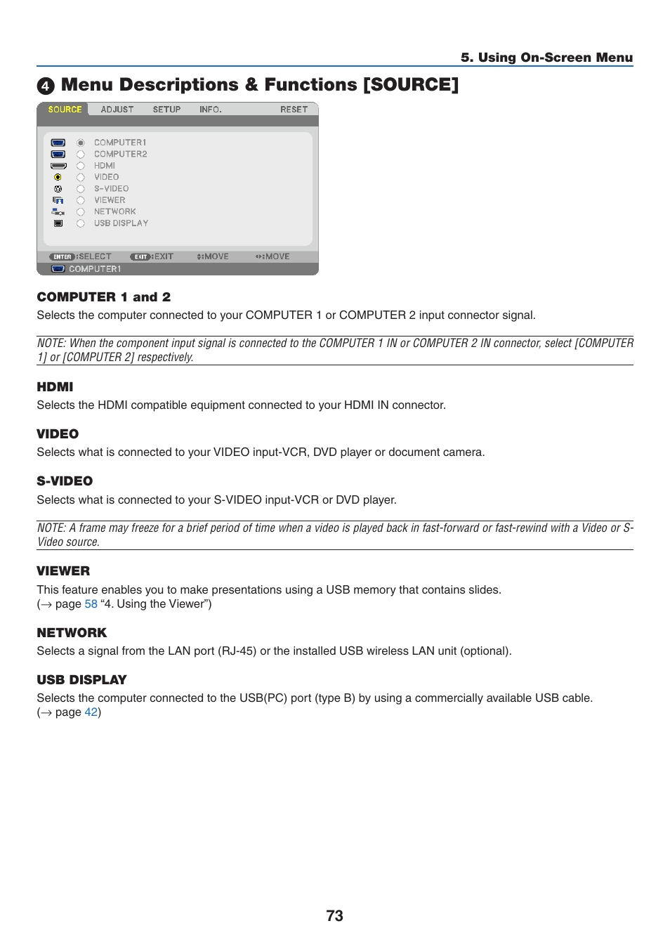 4) menu descriptions & functions [source, Computer 1 and 2, Hdmi | Video, S-video, Viewer, Network, Usb display, Menu descriptions & functions [source | NEC M350X User Manual | Page 83 / 155