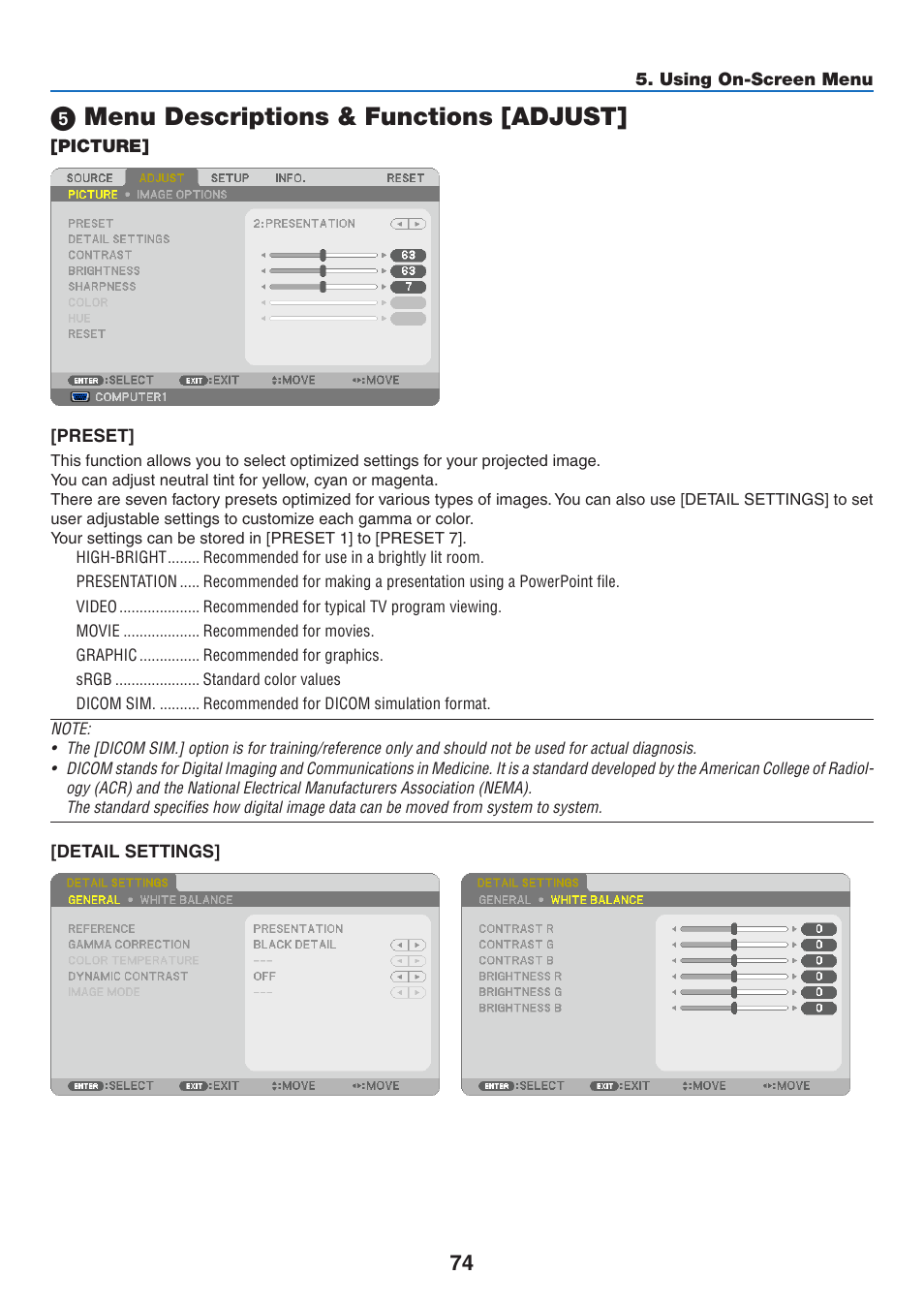 5) menu descriptions & functions [adjust, Picture, Menu descriptions & functions [adjust | NEC M350X User Manual | Page 84 / 155