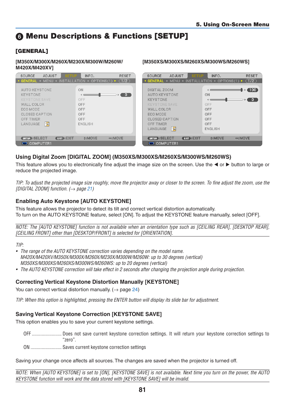 6) menu descriptions & functions [setup, General, Menu descriptions & functions [setup | NEC M350X User Manual | Page 91 / 155