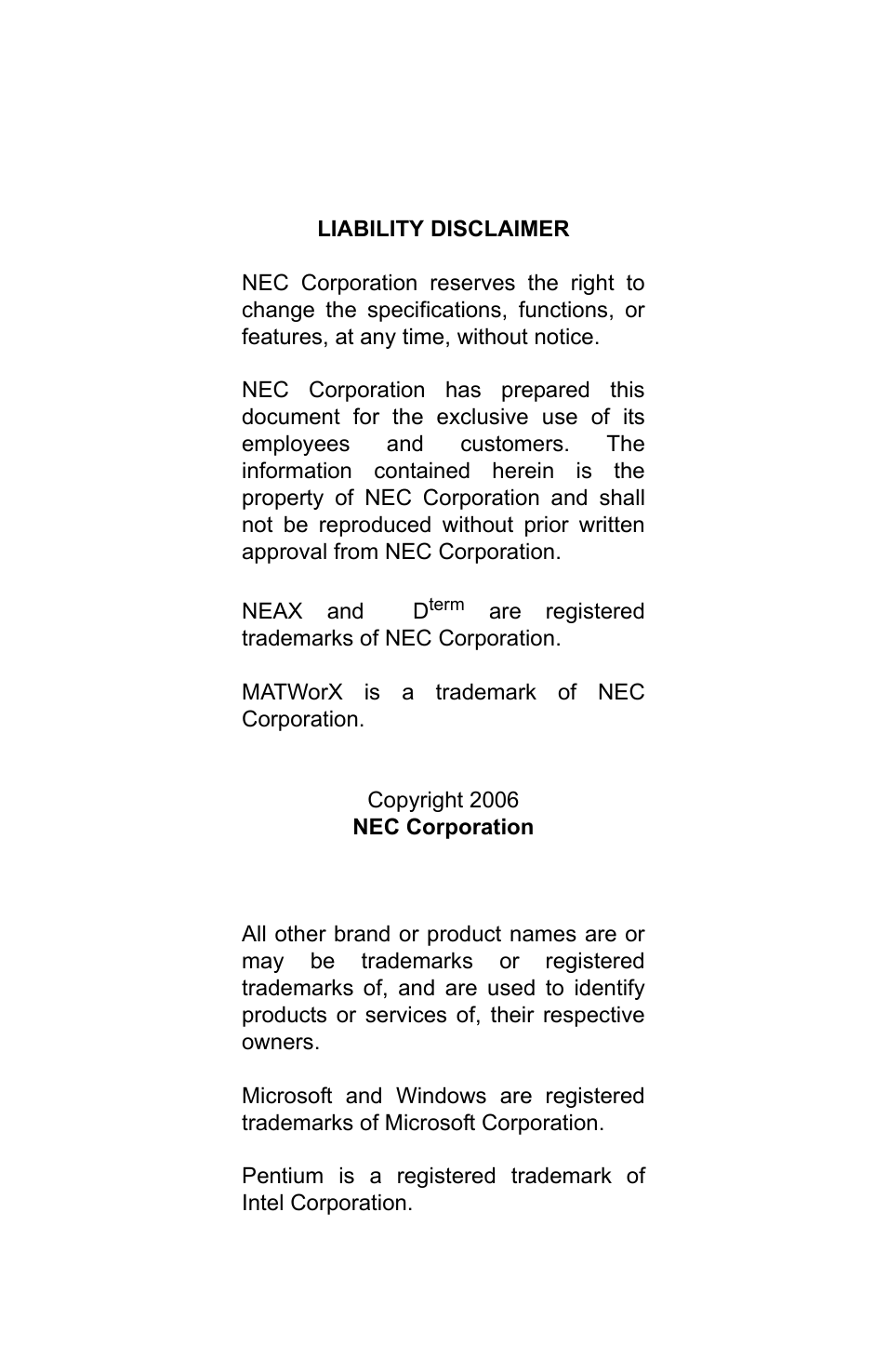 NEC MATWORX NWA-008862-001 User Manual | Page 2 / 66
