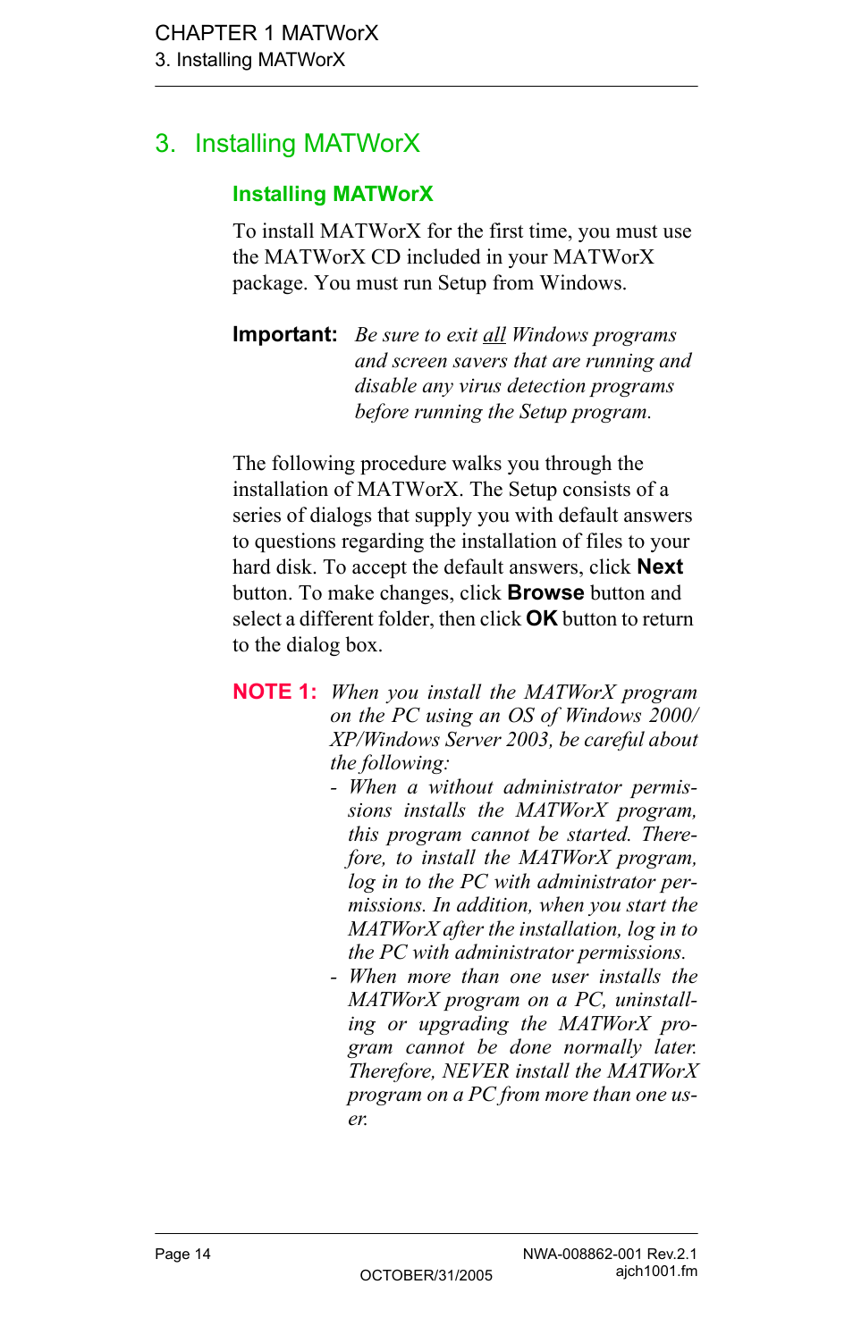 Installing matworx | NEC MATWORX NWA-008862-001 User Manual | Page 20 / 66