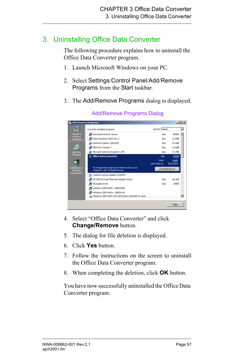 Uninstalling office data converter | NEC MATWORX NWA-008862-001 User Manual | Page 63 / 66