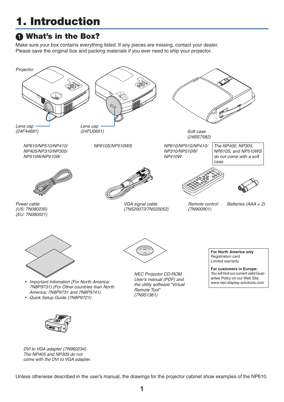 Introduction, 1) what’s in the box, 1 what’s in the box | NEC NP410 User Manual | Page 10 / 114