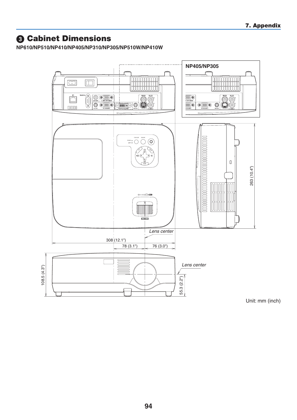 3) cabinet dimensions, Cabinet dimensions, Appendix | Lens center | NEC NP410 User Manual | Page 103 / 114
