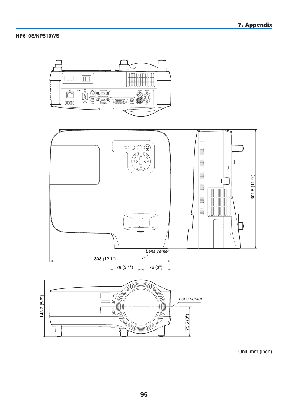 Appendix, Unit: mm (inch) | NEC NP410 User Manual | Page 104 / 114
