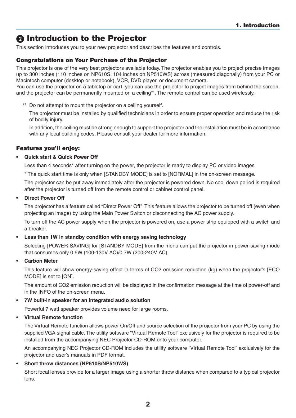 2) introduction to the projector, Congratulations on your purchase of the projector, Features you’ll enjoy | Introduction to the projector | NEC NP410 User Manual | Page 11 / 114