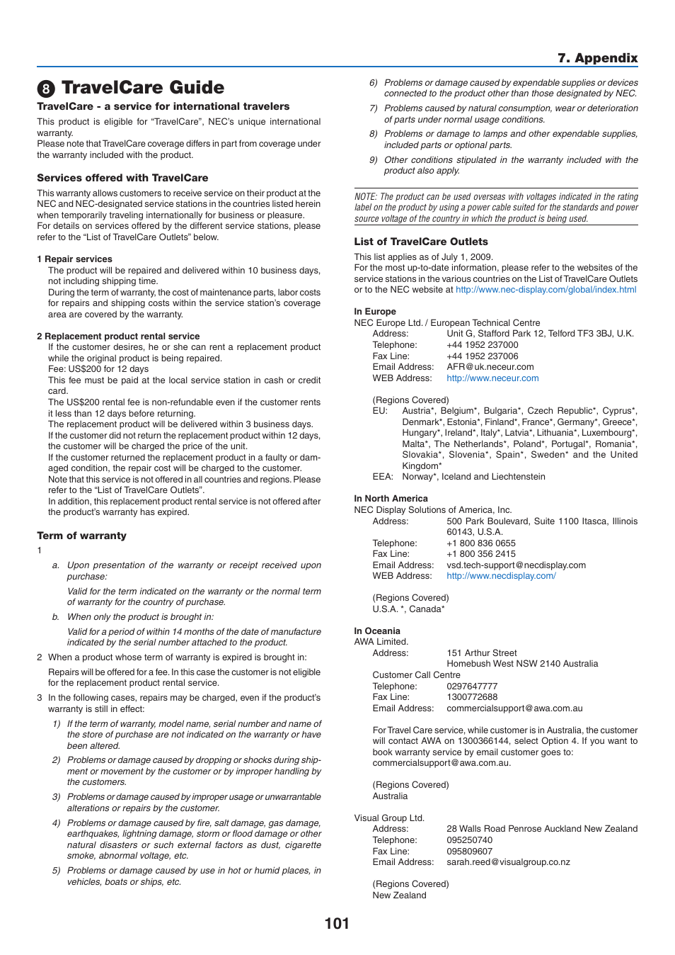 8) travelcare guide, Travelcare guide, Appendix | NEC NP410 User Manual | Page 110 / 114