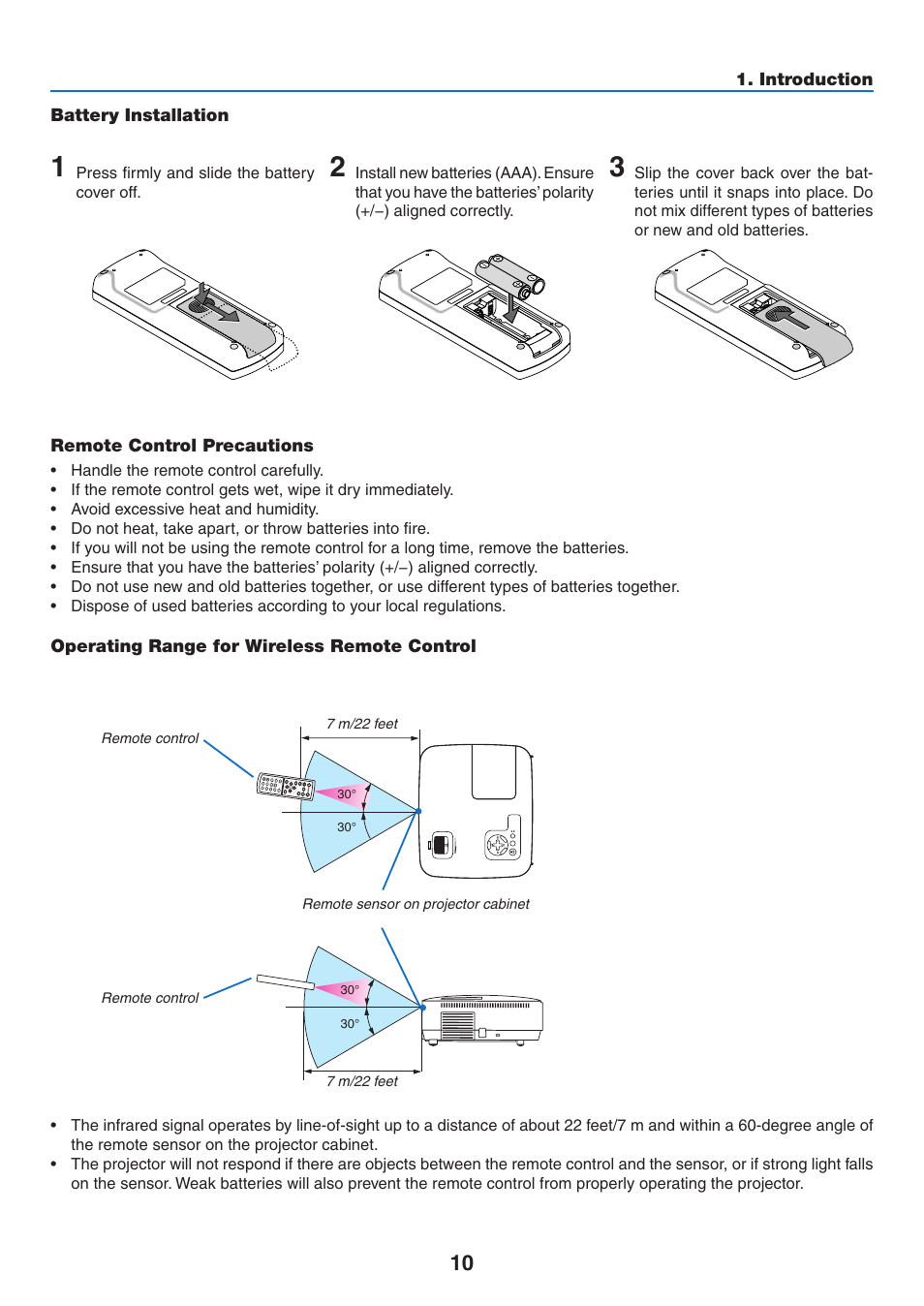 Battery installation, Remote control precautions, Operating range for wireless remote control | NEC NP410 User Manual | Page 19 / 114