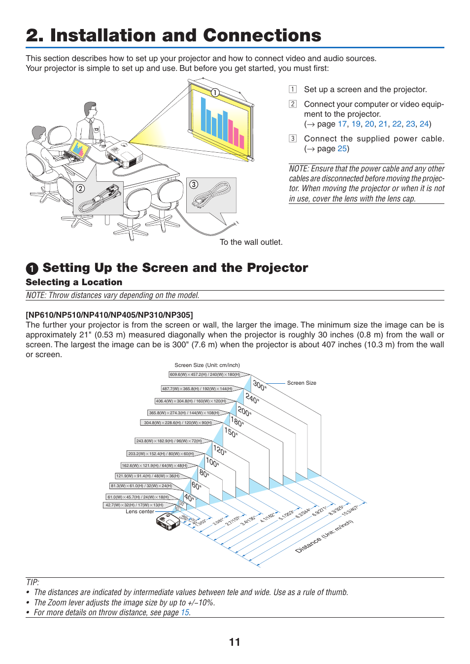Installation and connections, 1) setting up the screen and the projector, Selecting a location | 1 setting up the screen and the projector | NEC NP410 User Manual | Page 20 / 114