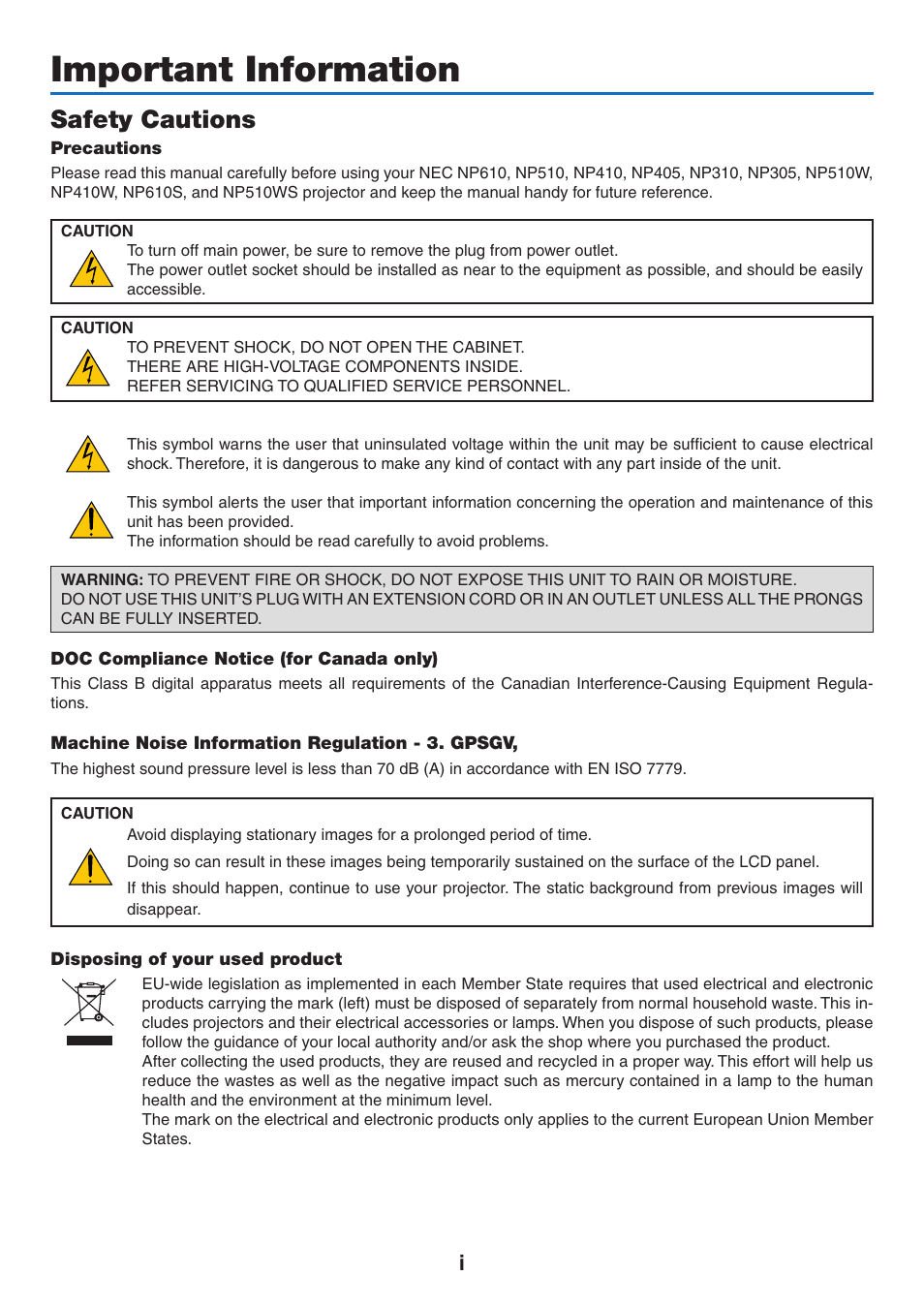 Important information, Safety cautions | NEC NP410 User Manual | Page 3 / 114