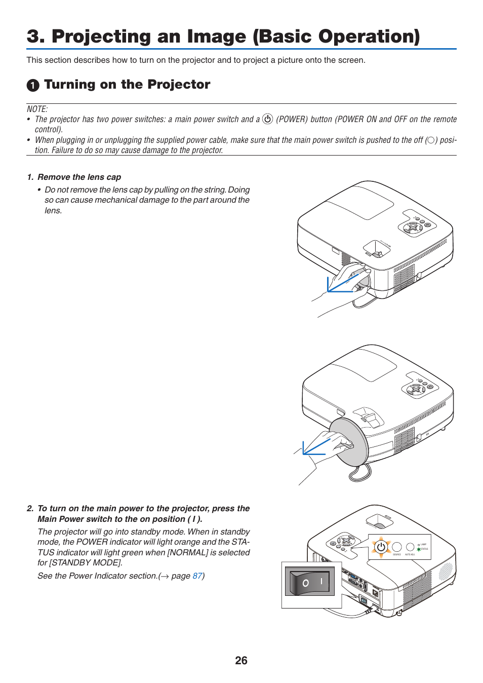 Projecting an image (basic operation), 1) turning on the projector, 1 turning on the projector | NEC NP410 User Manual | Page 35 / 114