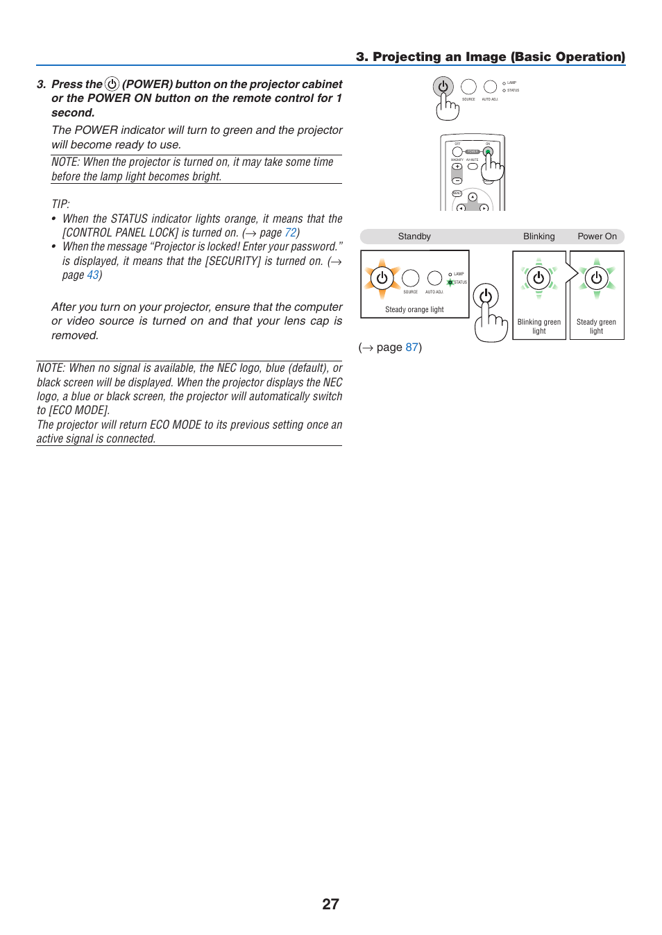 Projecting an image (basic operation), Page 87 ) | NEC NP410 User Manual | Page 36 / 114