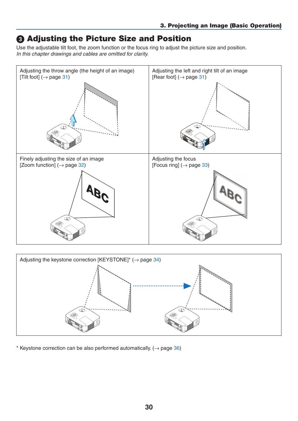 3) adjusting the picture size and position, Adjusting the picture size and position | NEC NP410 User Manual | Page 39 / 114