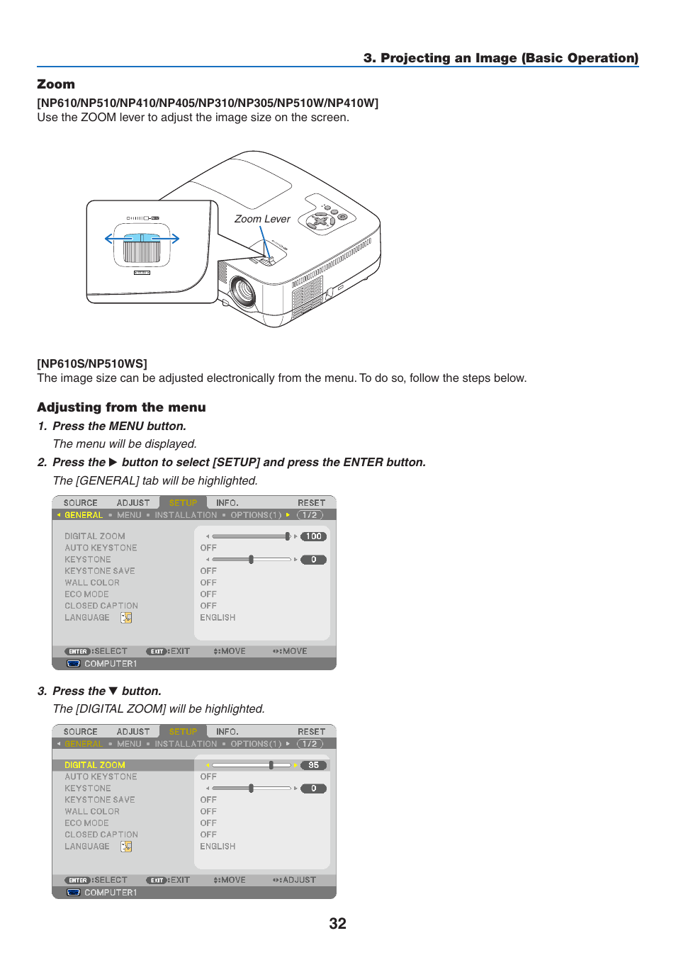 Zoom, Adjusting from the menu, Zoom adjusting from the menu | Projecting an image (basic operation) | NEC NP410 User Manual | Page 41 / 114