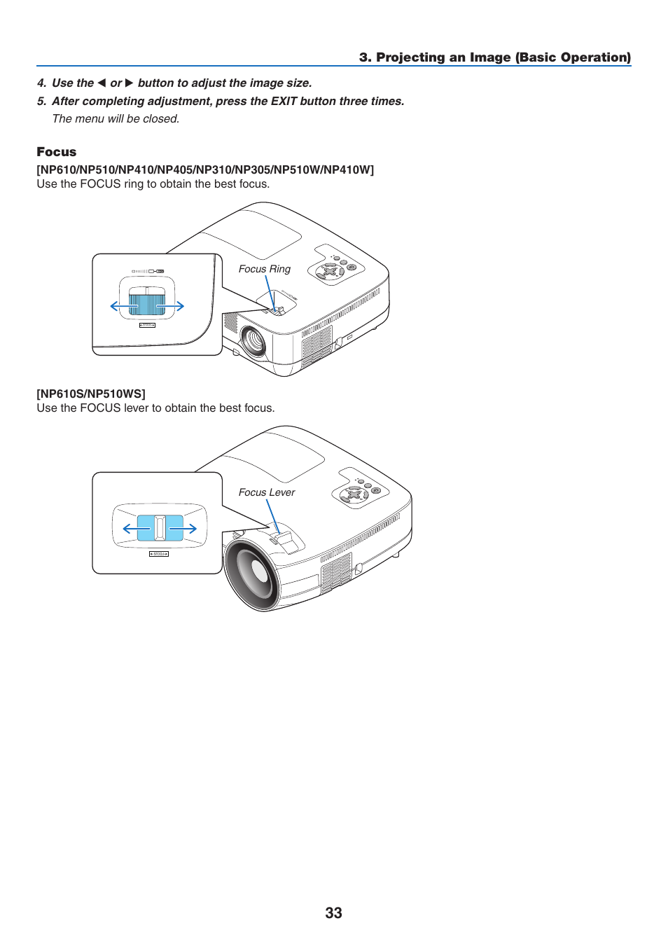 Focus, Projecting an image (basic operation) | NEC NP410 User Manual | Page 42 / 114