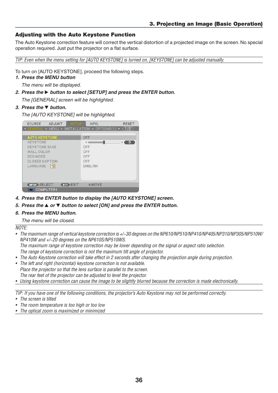 Adjusting with the auto keystone function | NEC NP410 User Manual | Page 45 / 114