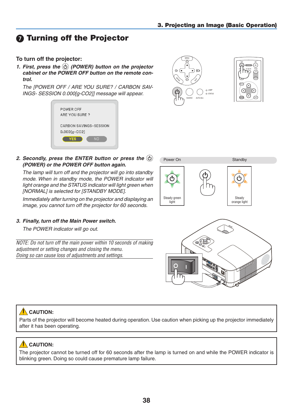 7) turning off the projector, 7 turning off the projector, Projecting an image (basic operation) | NEC NP410 User Manual | Page 47 / 114