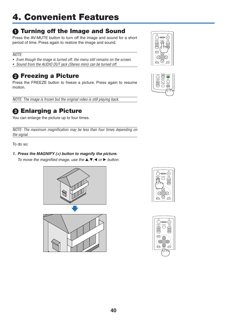 Convenient features, 1) turning off the image and sound, 2) freezing a picture | 3) enlarging a picture, 1 turning off the image and sound, Freezing a picture, Enlarging a picture | NEC NP410 User Manual | Page 49 / 114