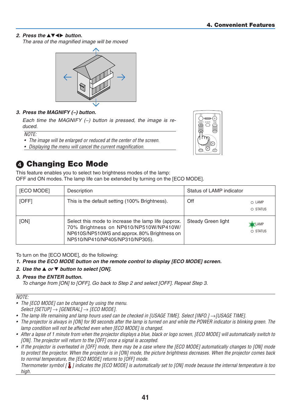 4) changing eco mode, Changing eco mode, Convenient features | NEC NP410 User Manual | Page 50 / 114