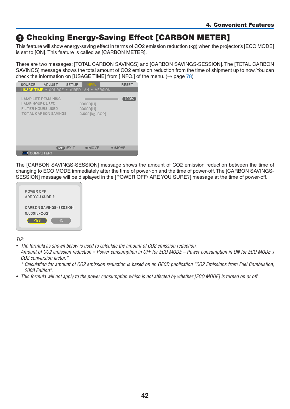 5) checking energy-saving effect [carbon meter, Checking energy-saving effect [carbon meter | NEC NP410 User Manual | Page 51 / 114