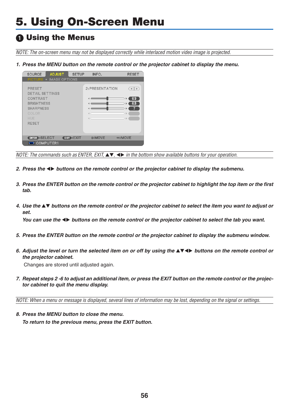 Using on-screen menu, 1) using the menus, 1 using the menus | NEC NP410 User Manual | Page 65 / 114