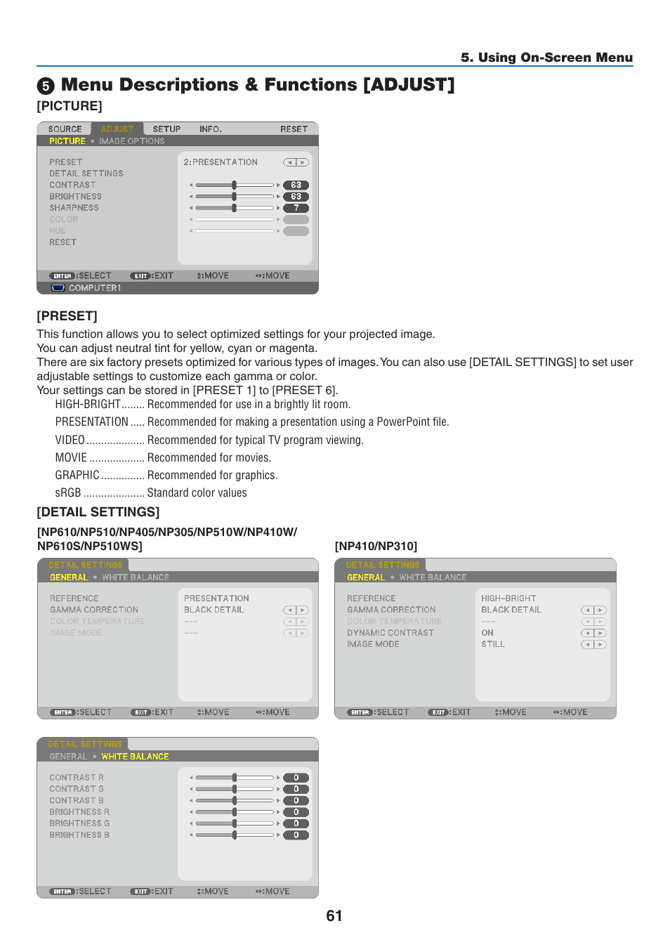 5) menu descriptions & functions [adjust, Menu descriptions & functions [adjust | NEC NP410 User Manual | Page 70 / 114