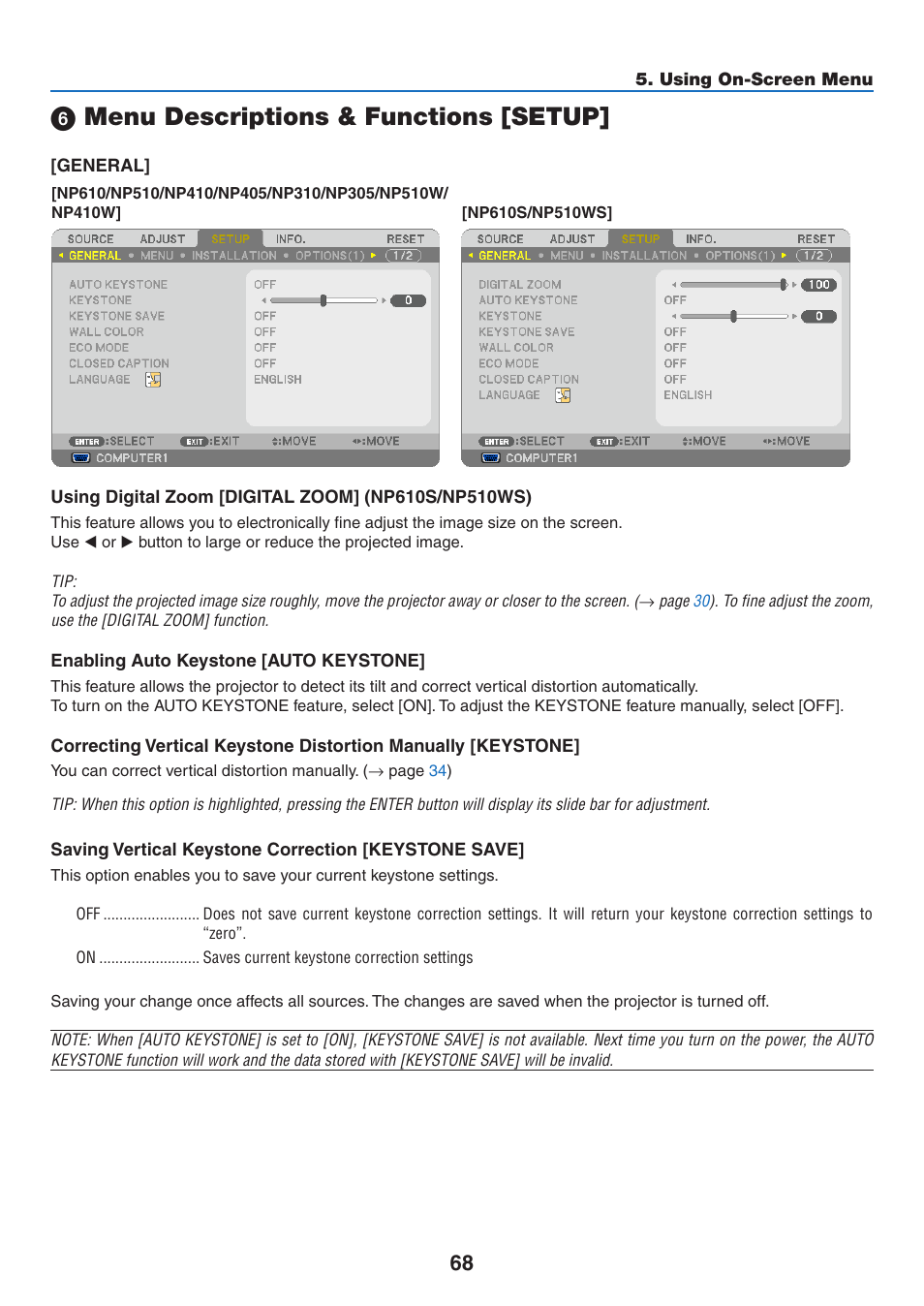 6) menu descriptions & functions [setup, Menu descriptions & functions [setup | NEC NP410 User Manual | Page 77 / 114