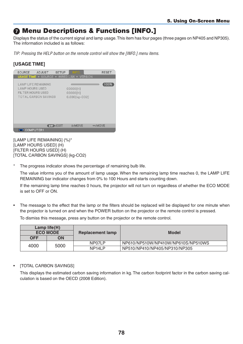 7) menu descriptions & functions [info, 7 menu descriptions & functions [info | NEC NP410 User Manual | Page 87 / 114