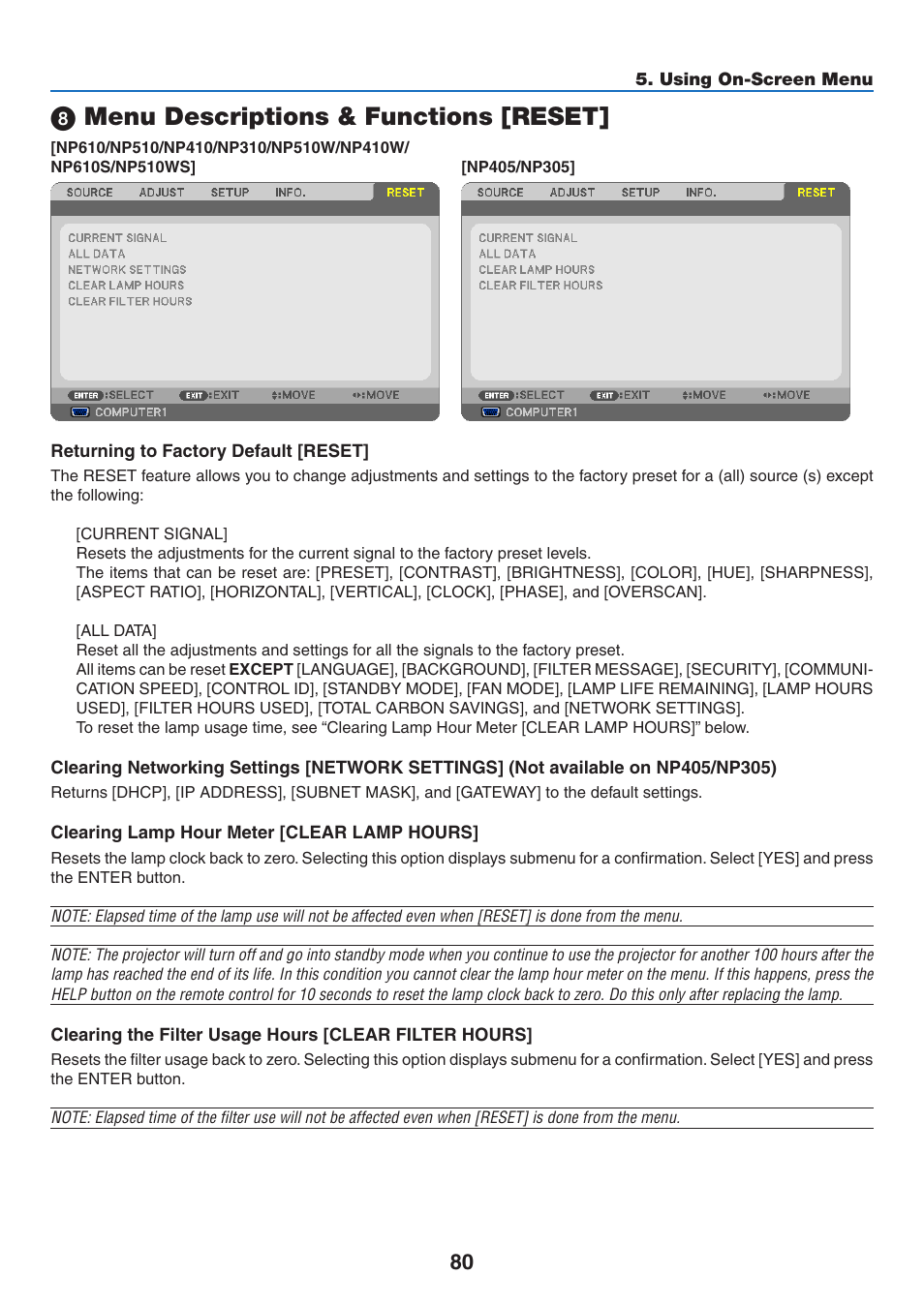 8) menu descriptions & functions [reset, Menu descriptions & functions [reset | NEC NP410 User Manual | Page 89 / 114