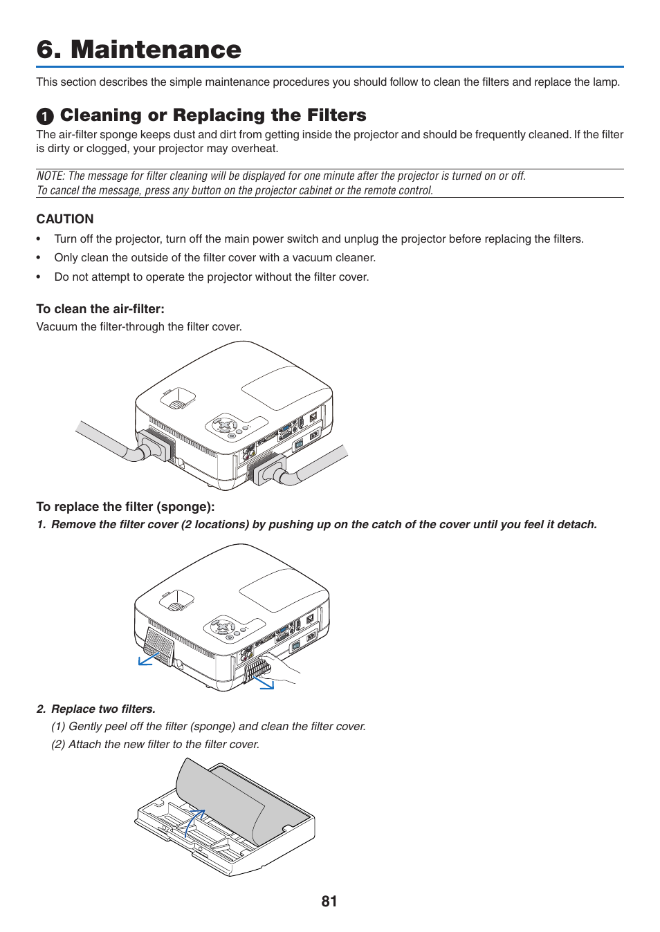 Maintenance, 1) cleaning or replacing the filters, 1 cleaning or replacing the filters | NEC NP410 User Manual | Page 90 / 114