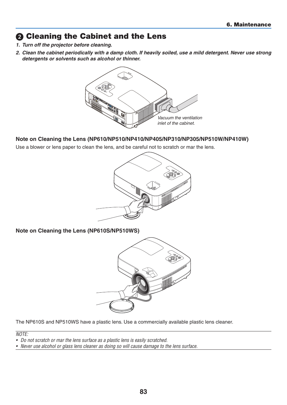 2) cleaning the cabinet and the lens, Cleaning the cabinet and the lens | NEC NP410 User Manual | Page 92 / 114