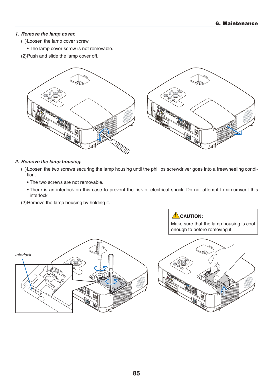 Maintenance, Interlock | NEC NP410 User Manual | Page 94 / 114