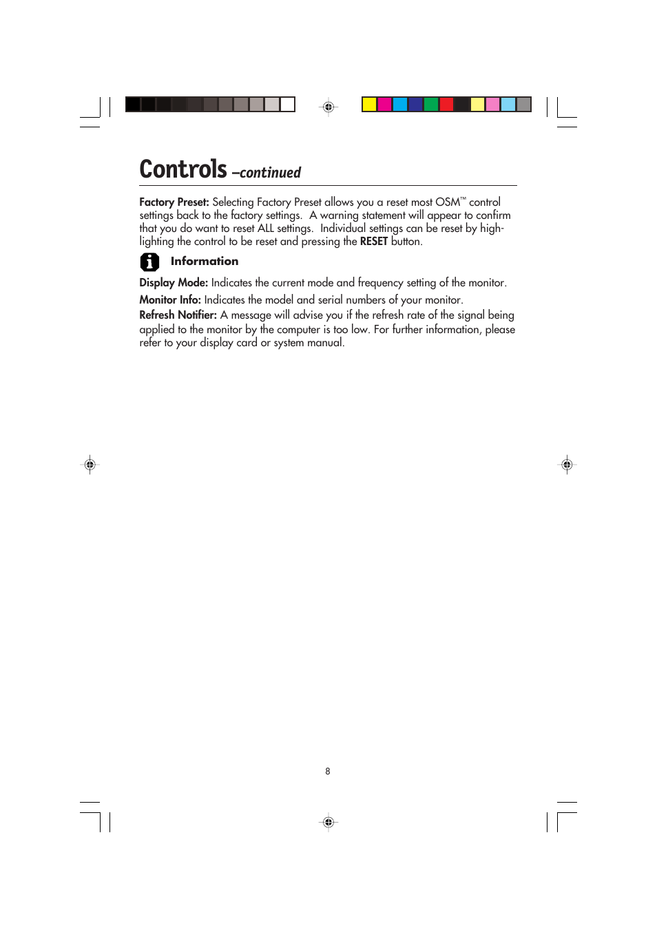 Controls, Continued | NEC FP2141SB User Manual | Page 10 / 76