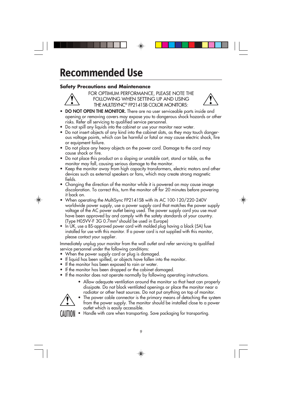 Recommended use, Caution | NEC FP2141SB User Manual | Page 11 / 76