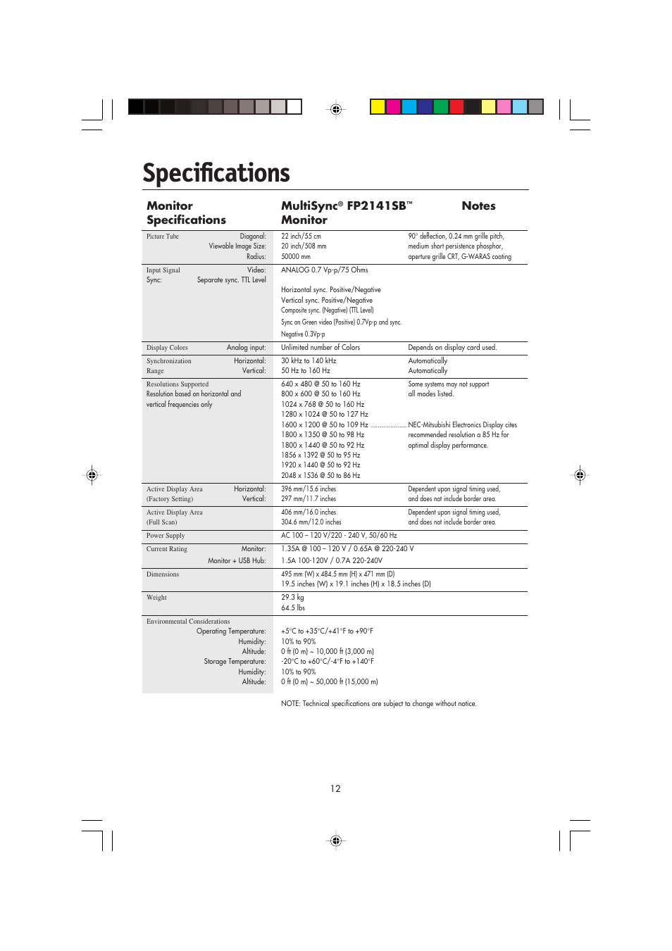 Specifications, Monitor multisync, Fp2141sb | NEC FP2141SB User Manual | Page 14 / 76