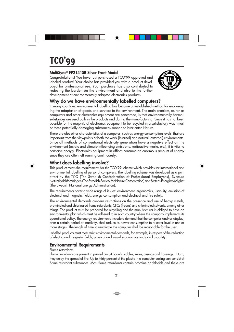 Tco’99 | NEC FP2141SB User Manual | Page 23 / 76