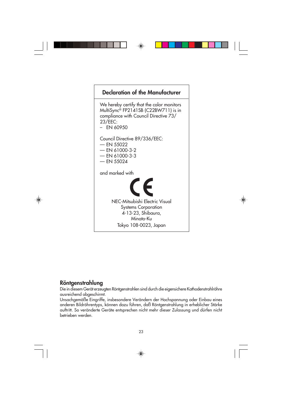 Röntgenstrahlung, Declaration of the manufacturer | NEC FP2141SB User Manual | Page 25 / 76