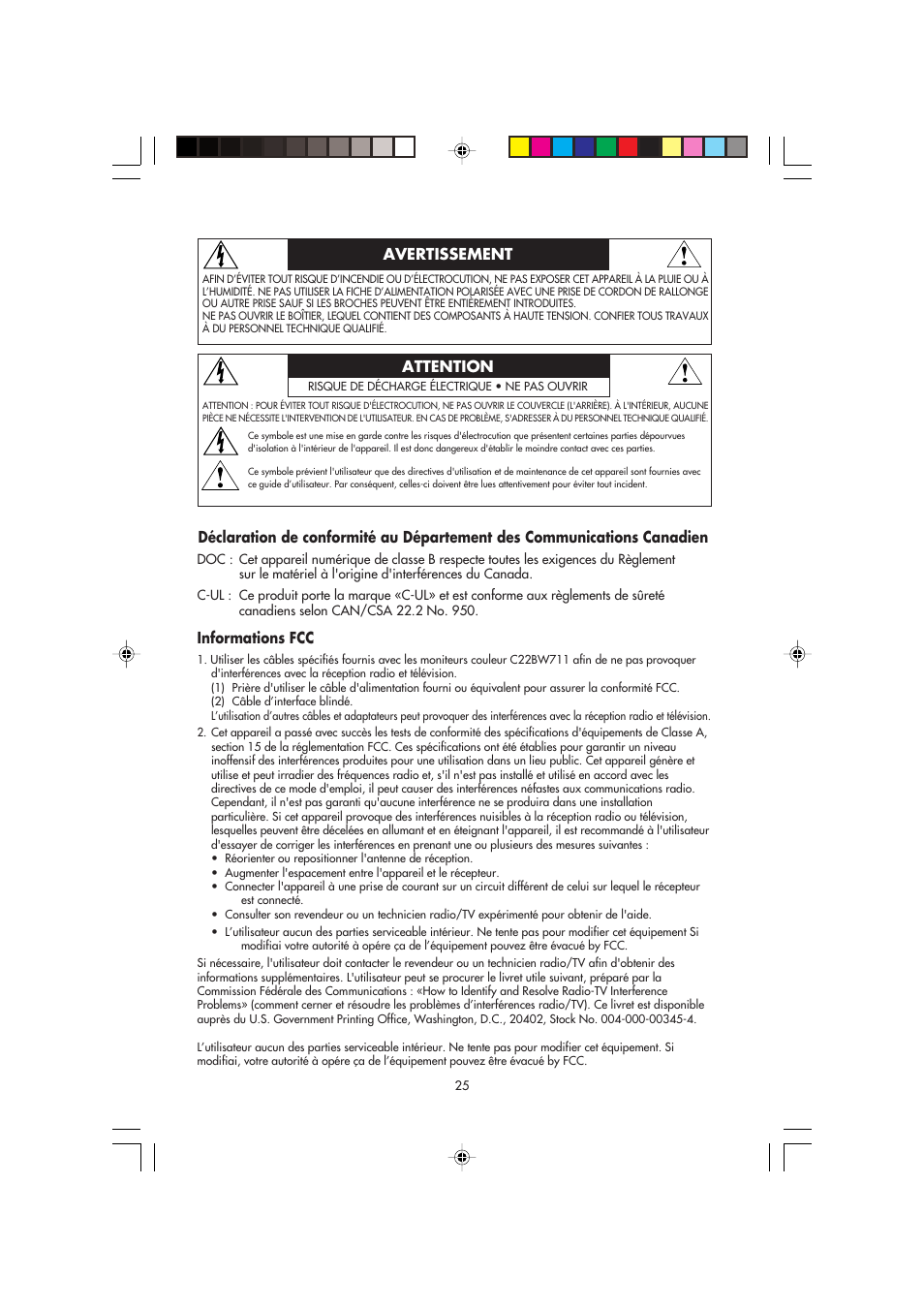 Informations fcc, Avertissement attention | NEC FP2141SB User Manual | Page 27 / 76