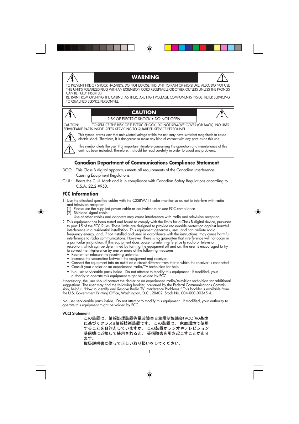 Fcc information, Warning caution | NEC FP2141SB User Manual | Page 3 / 76