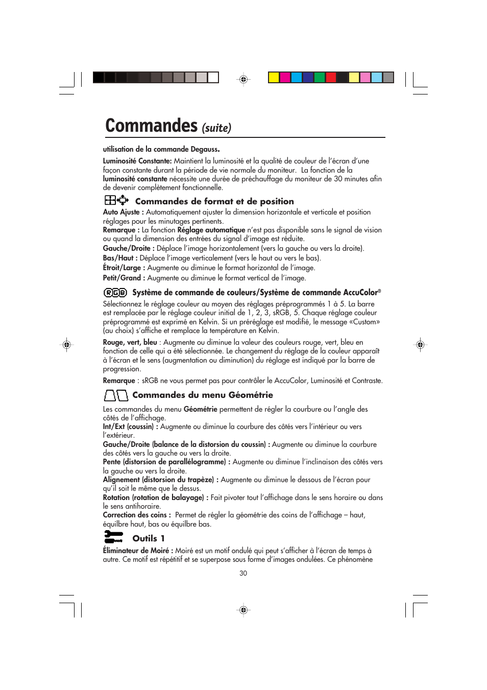 Commandes, Suite) | NEC FP2141SB User Manual | Page 32 / 76