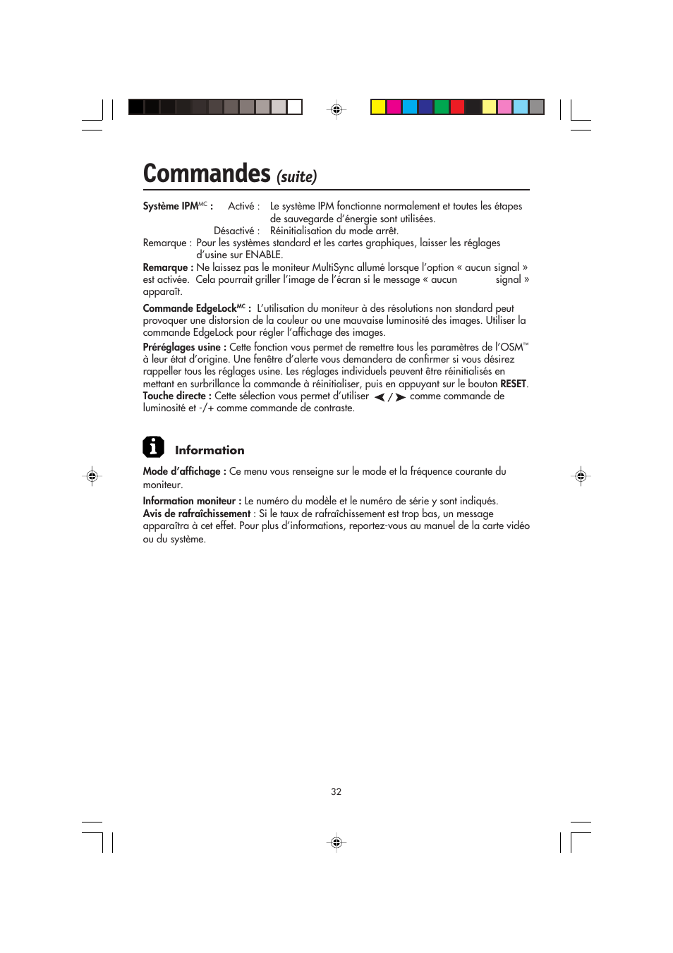 Commandes, Suite) | NEC FP2141SB User Manual | Page 34 / 76