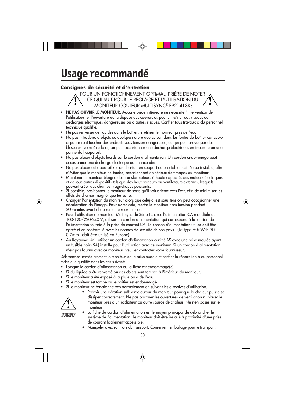 Usage recommandé | NEC FP2141SB User Manual | Page 35 / 76