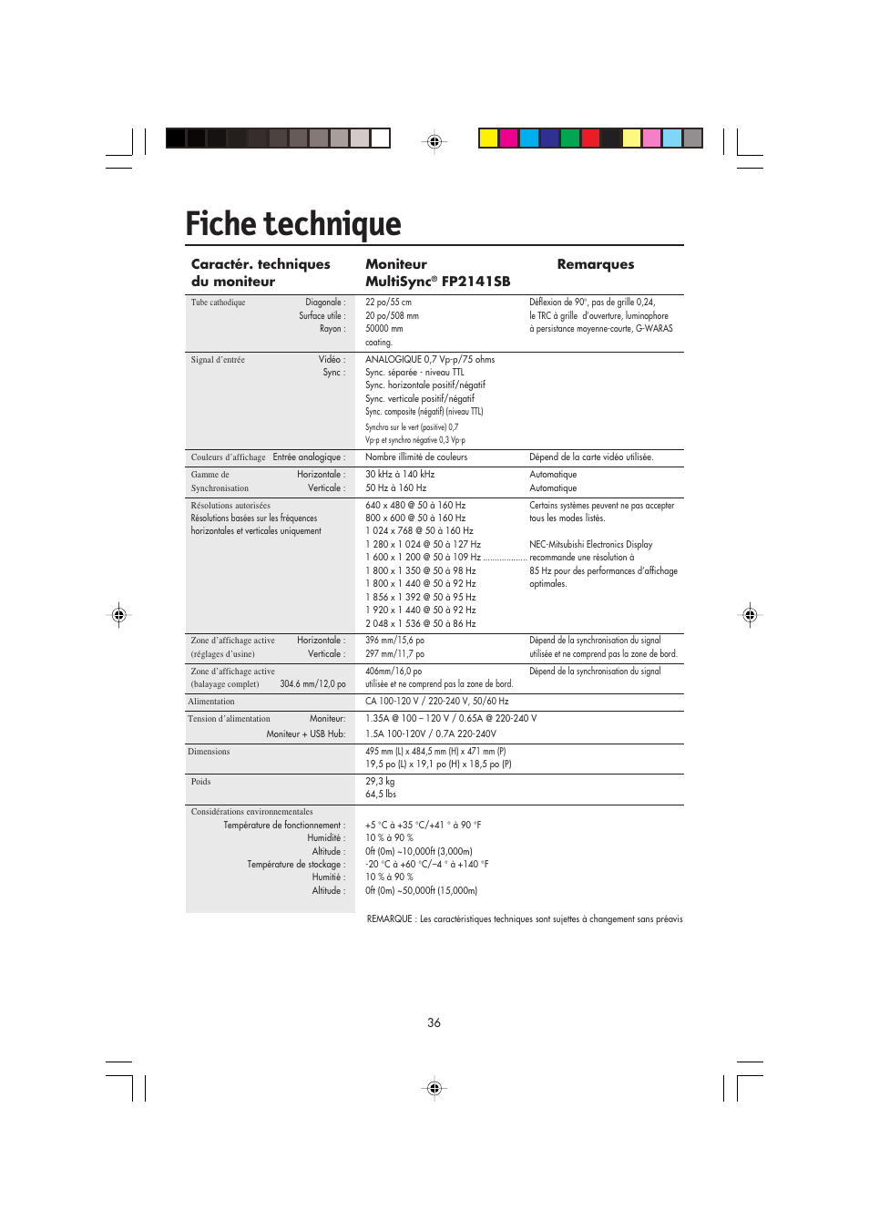 Fiche technique | NEC FP2141SB User Manual | Page 38 / 76